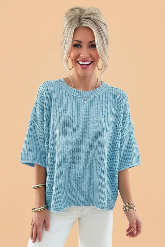 Solid Exposed Seam 3/4 Sleeve Loose Sweater