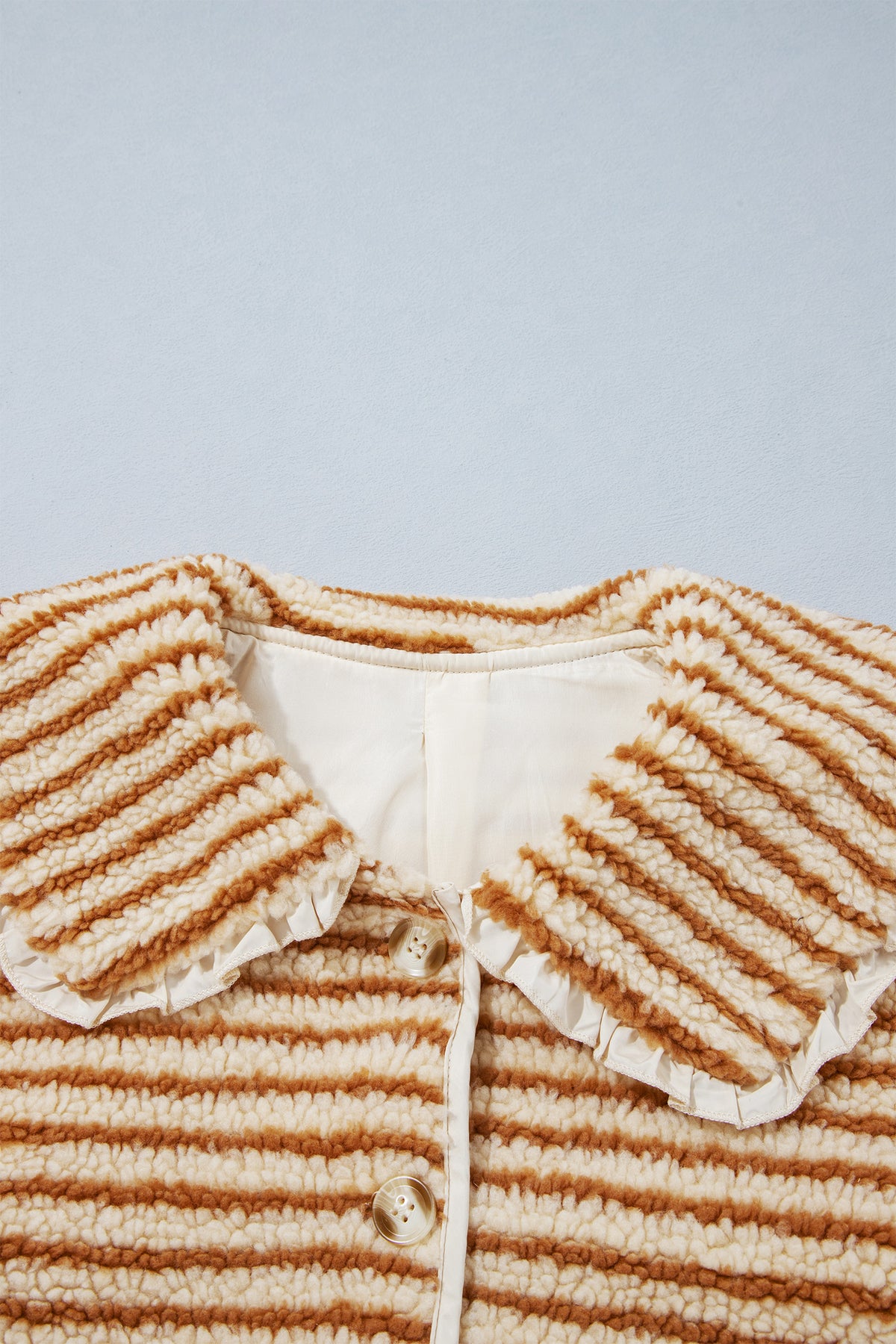 Stripe Fleece Ruffle Collar Button Front Jacket