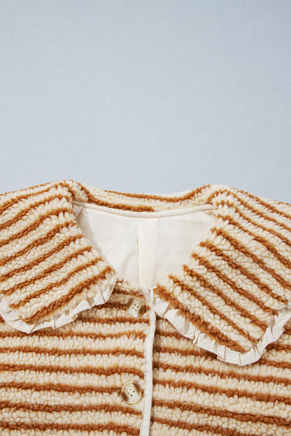 Stripe Fleece Ruffle Collar Button Front Jacket