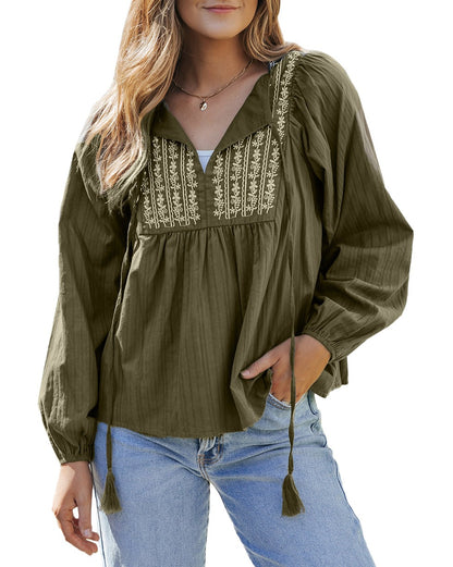 Western Embroidered Bubble Sleeve Blouse