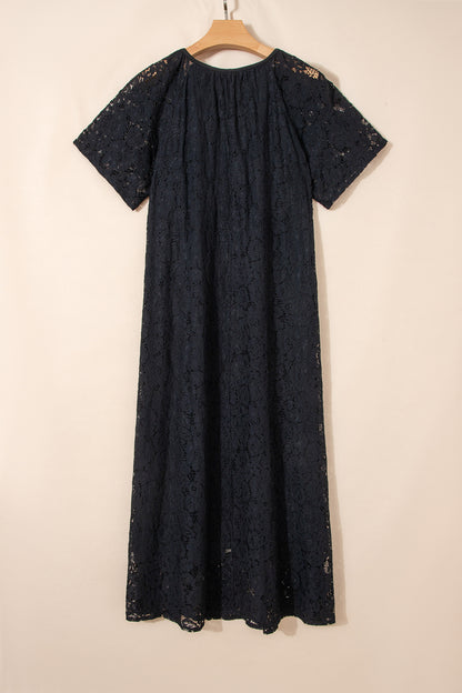 Lace Overlay Tassel Tie Short Sleeve Maxi Dress