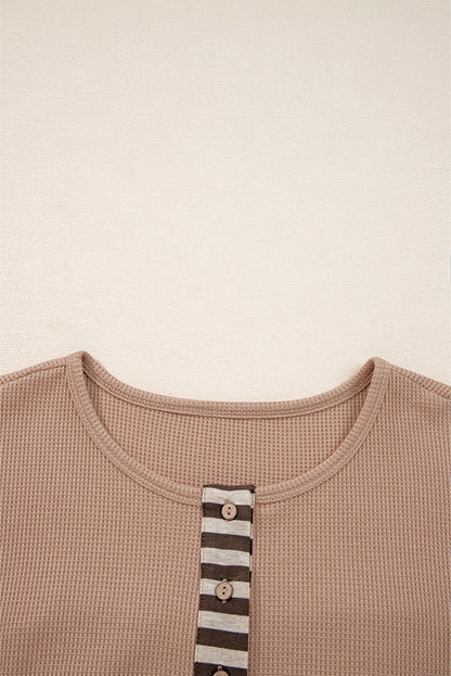 Stripe Plaid Patchwork Waffle Knit Henley Top