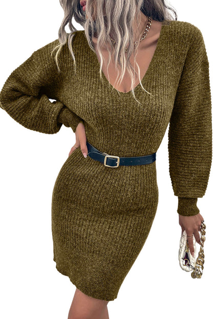 Solid Bodycon V-Neck Sweater Dress