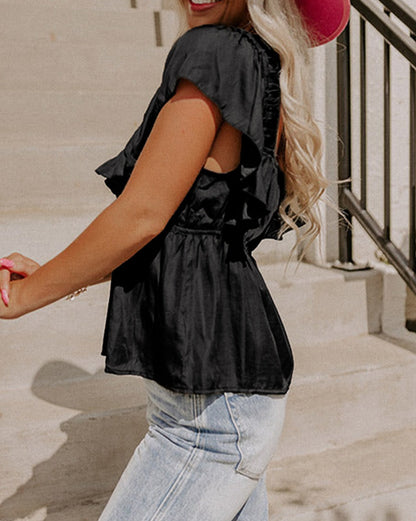 Ruffle V-Neck Tie-Back Peplum Top