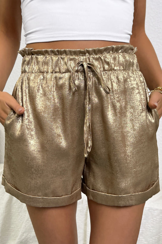 Metallic Tie Elastic Waist Cuffed Hem Shorts