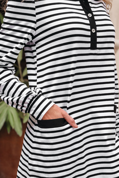 Stripe Collared Pocketed Long Sleeve T-Shirt Dress