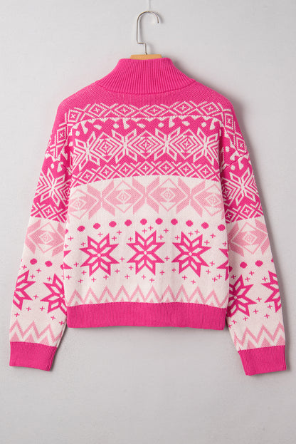Geometric Christmas Snowflake Quarter Zip Collar Sweater