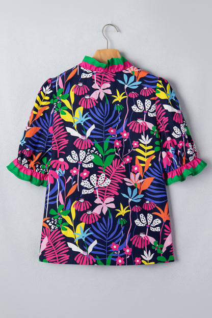 Floral Frilled Contrast Stripe V-Neck Blouse