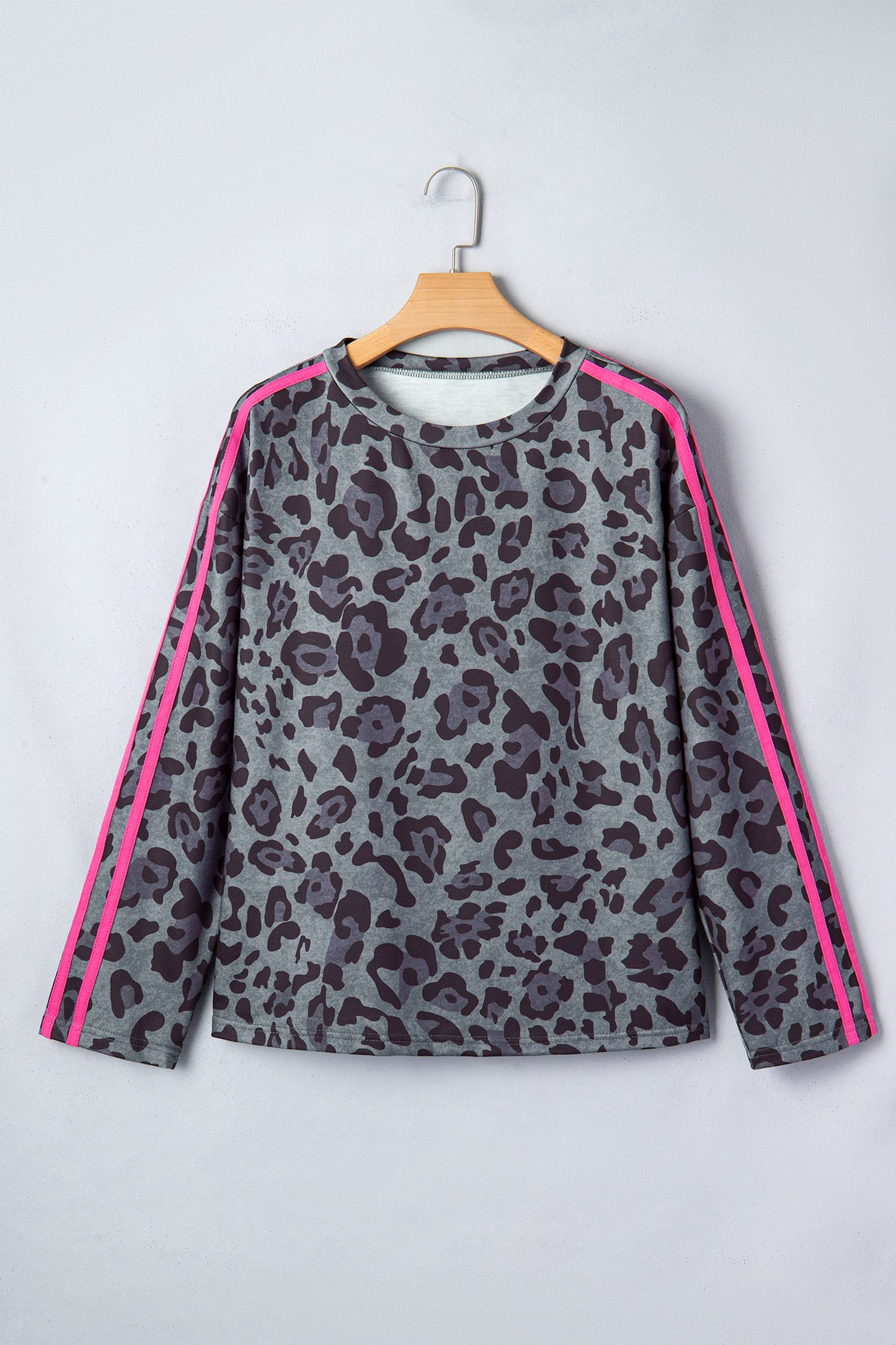 Leopard Varsity Stripe Trim Long Sleeve Top