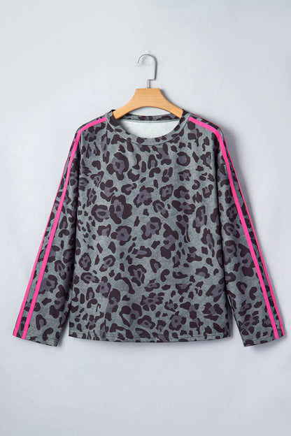 Leopard Varsity Stripe Trim Long Sleeve Top