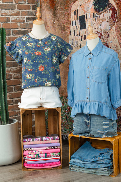 Floral Denim Ruffle Short Sleeve Top