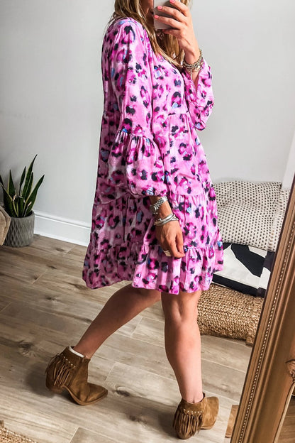 Leopard 3/4 Sleeve Ruffle Hem Dress