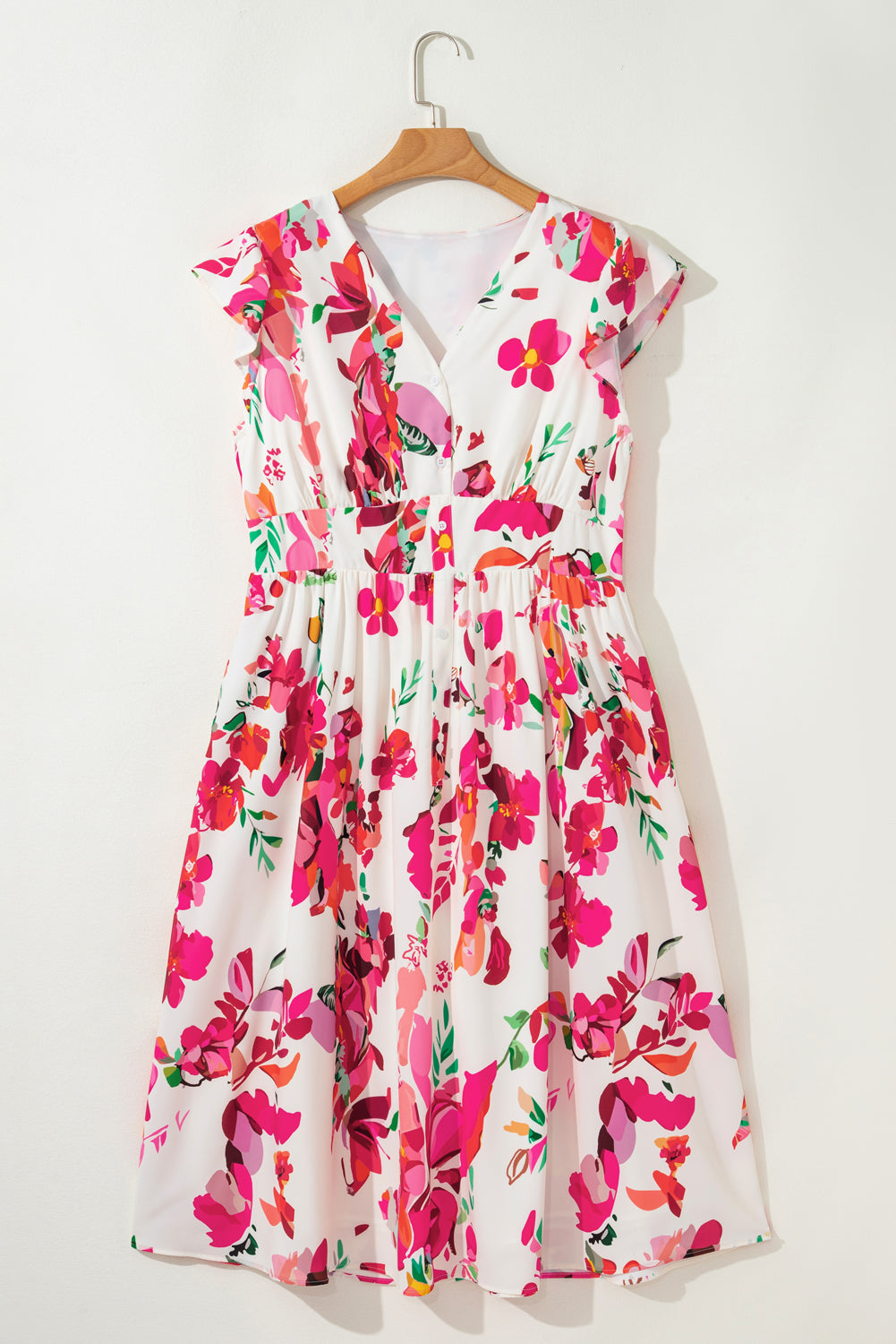 Plus Size Floral Ruffle Sleeve Buttoned Midi Dress