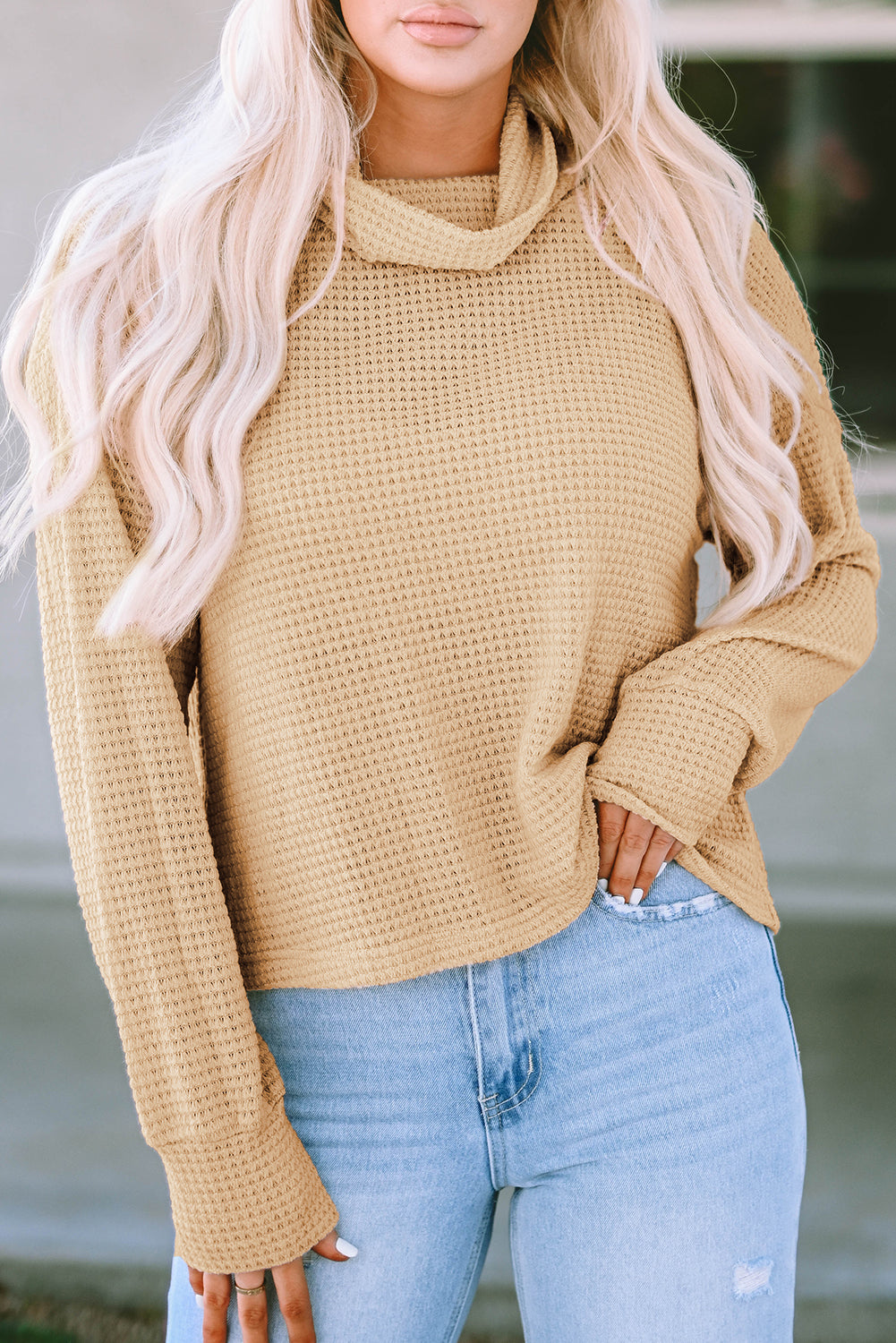 Waffle Turtleneck Long Sleeve Top