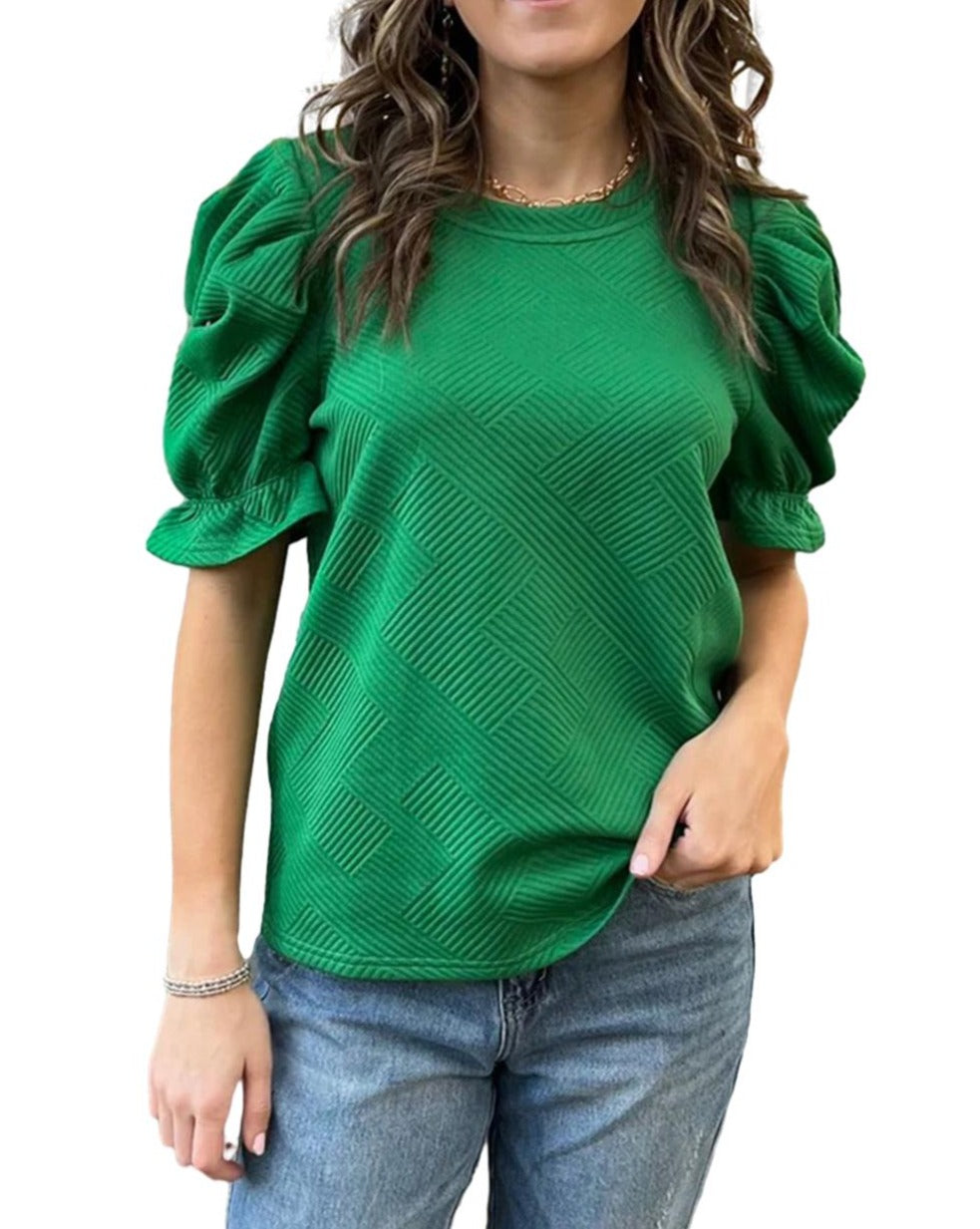 Textured Ruffle Puff Sleeve Top