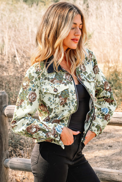 Floral Zip-Up Contrast Collared Jacket