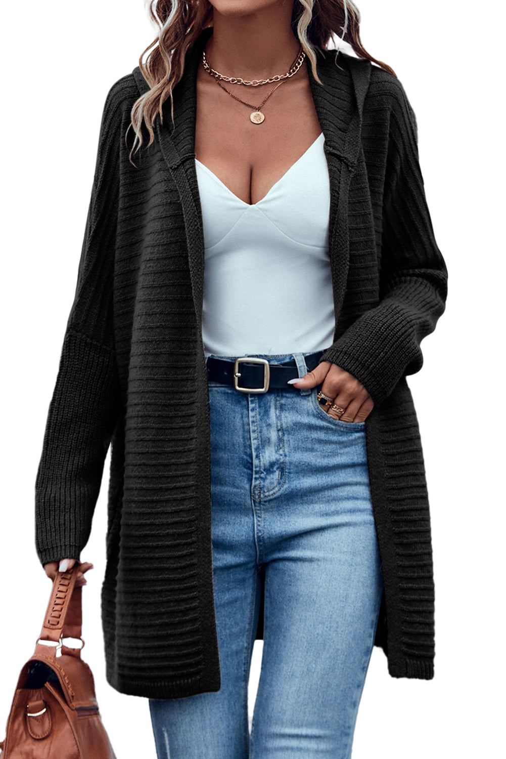 Ribbed Open Front Hooded Cardigan