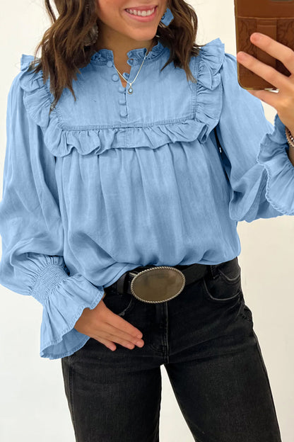 Western Denim Chambray Ruffle V-Neck Long Sleeve Blouse