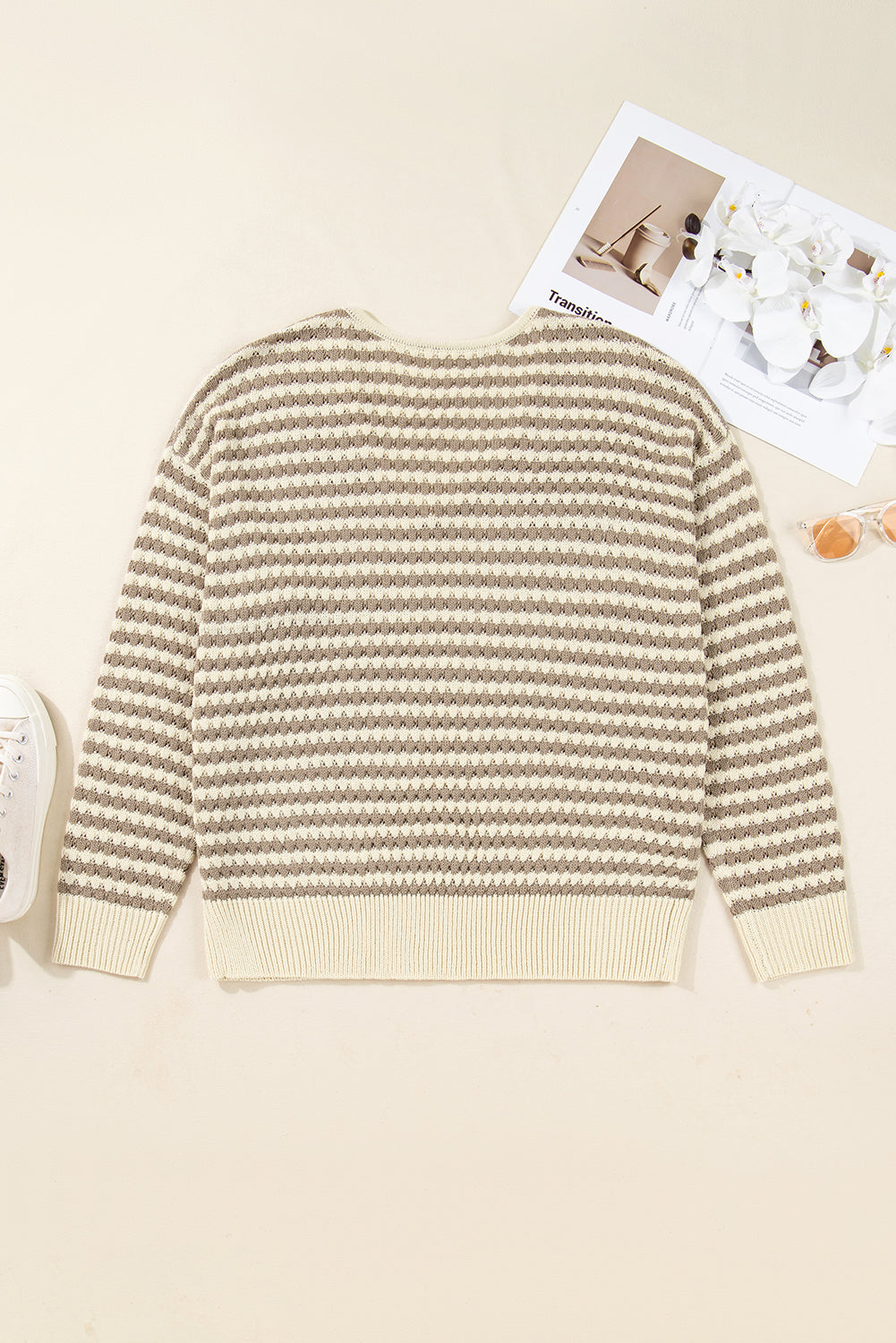 Plus Size Stripe V-Neck Drop Shoulder Sweater