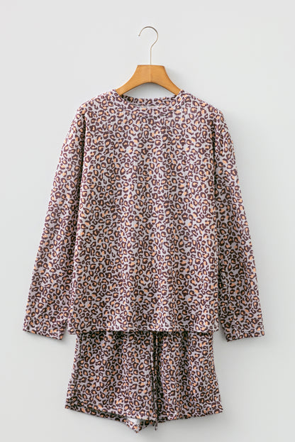 Leopard Ribbed Long Sleeve Top and Shorts Set