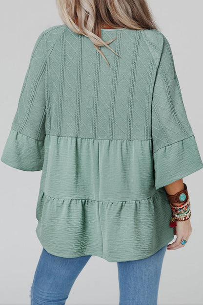 Geometric Textured Patchwork Ruffle Blouse