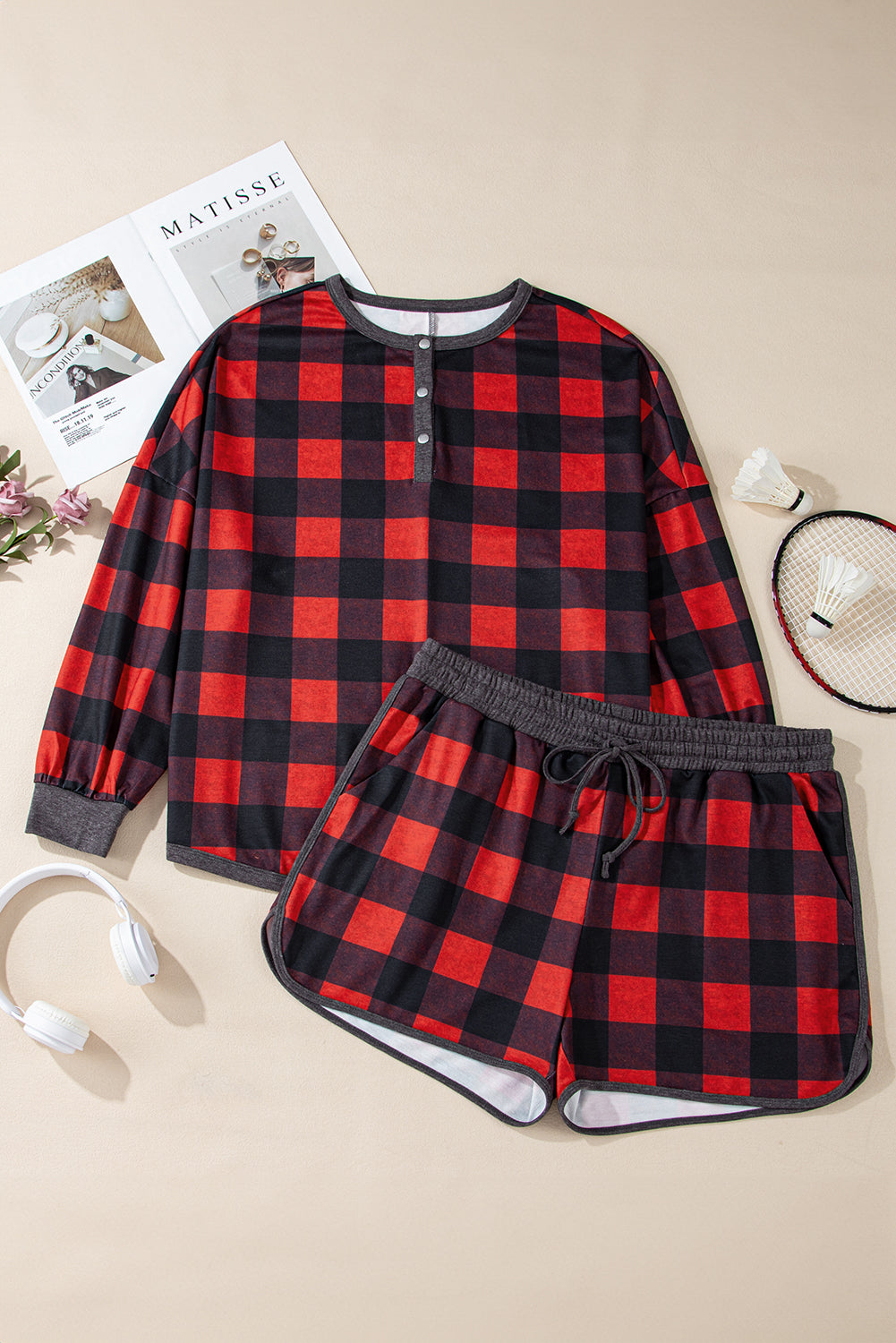 Plus Size Christmas Plaid Top and Shorts Set