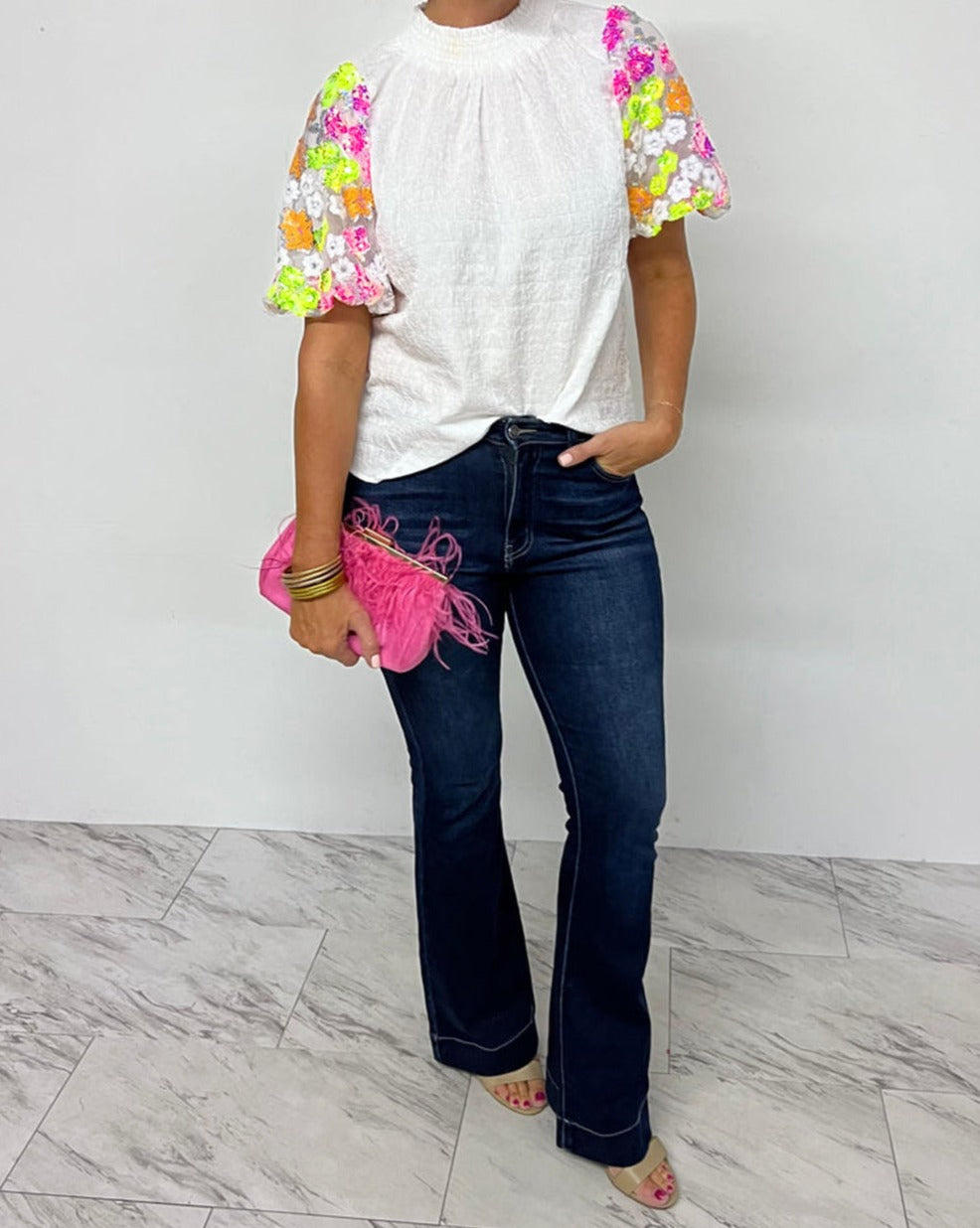 Sequin Floral Puff Sleeve Top