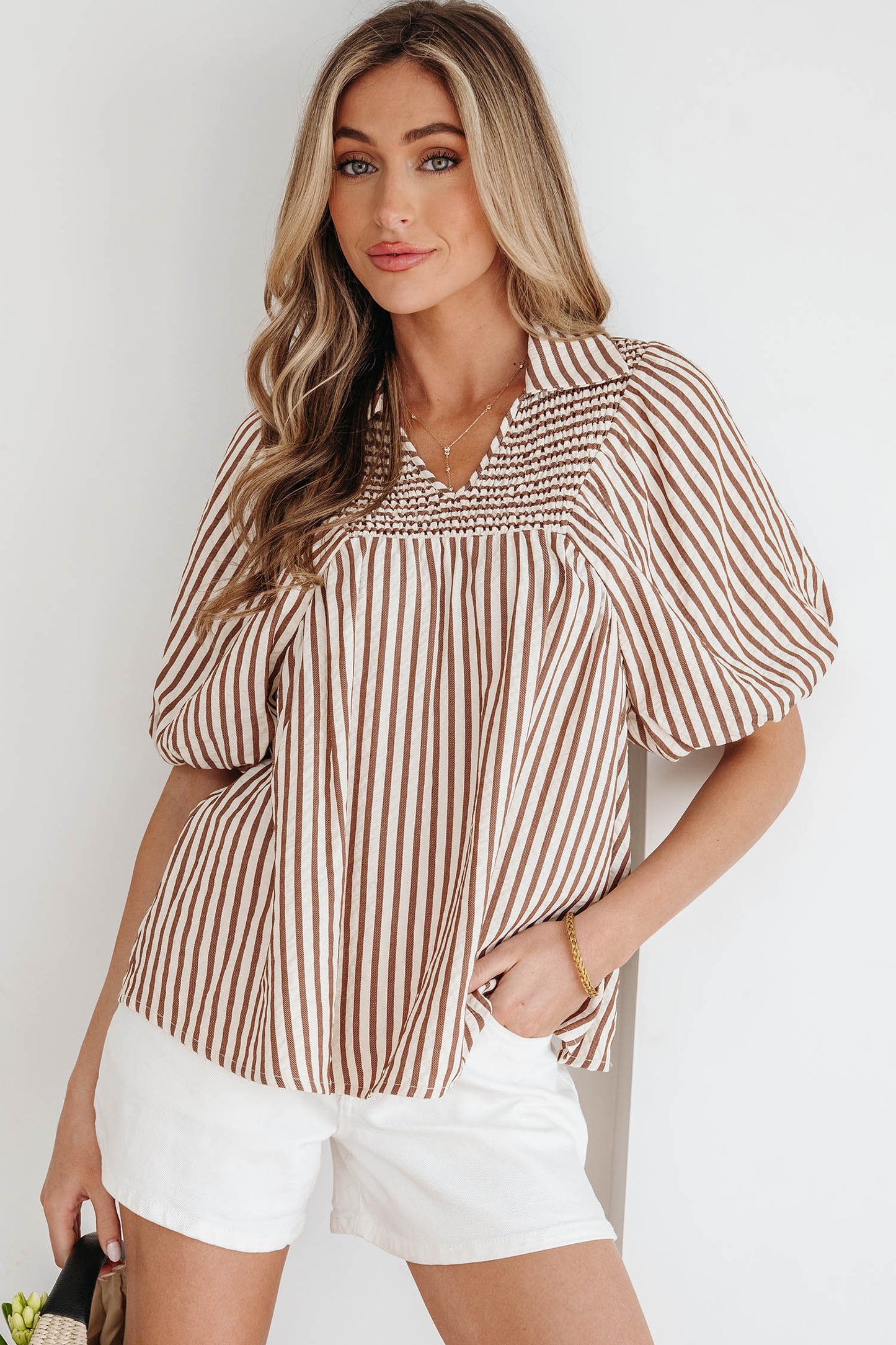 Stripe Shirred V-Neck Short Puff Sleeve Blouse