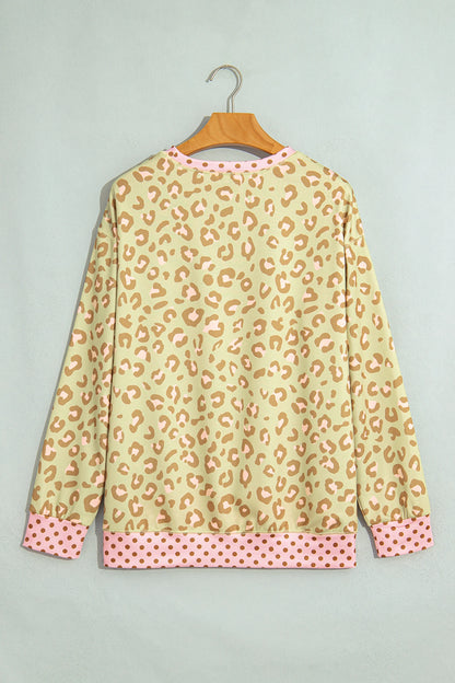 Leopard Polka Dot Colorblock Trim Long Sleeve Top