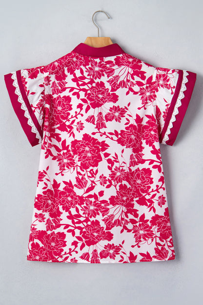 Floral Colorblock Lace V-Neck Flutter Sleeve Blouse