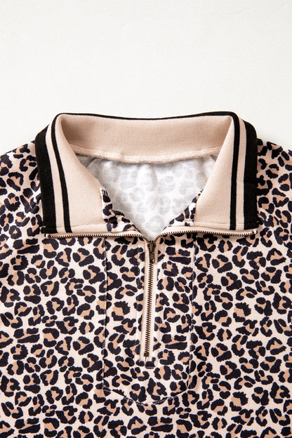 Leopard Half Zip Stripe Trim Short Sleeve Top