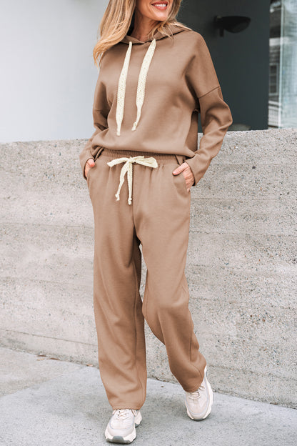 Solid Corduroy Lace Hoodie and Pants Set