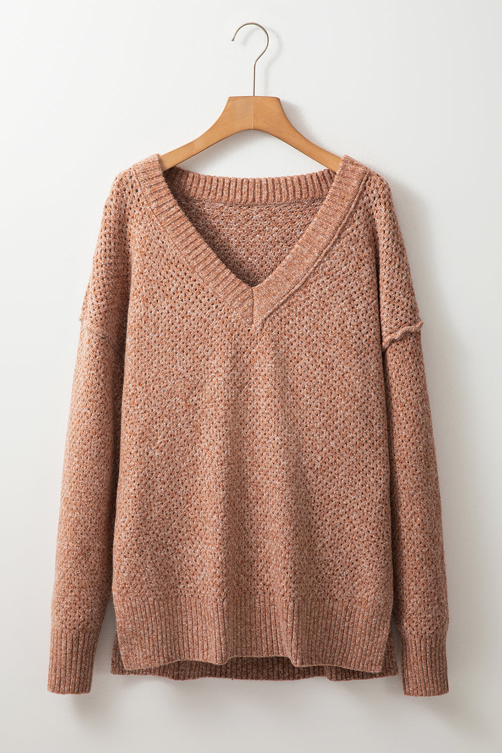 Eyelet V-Neck Drop Shoulder Sweater