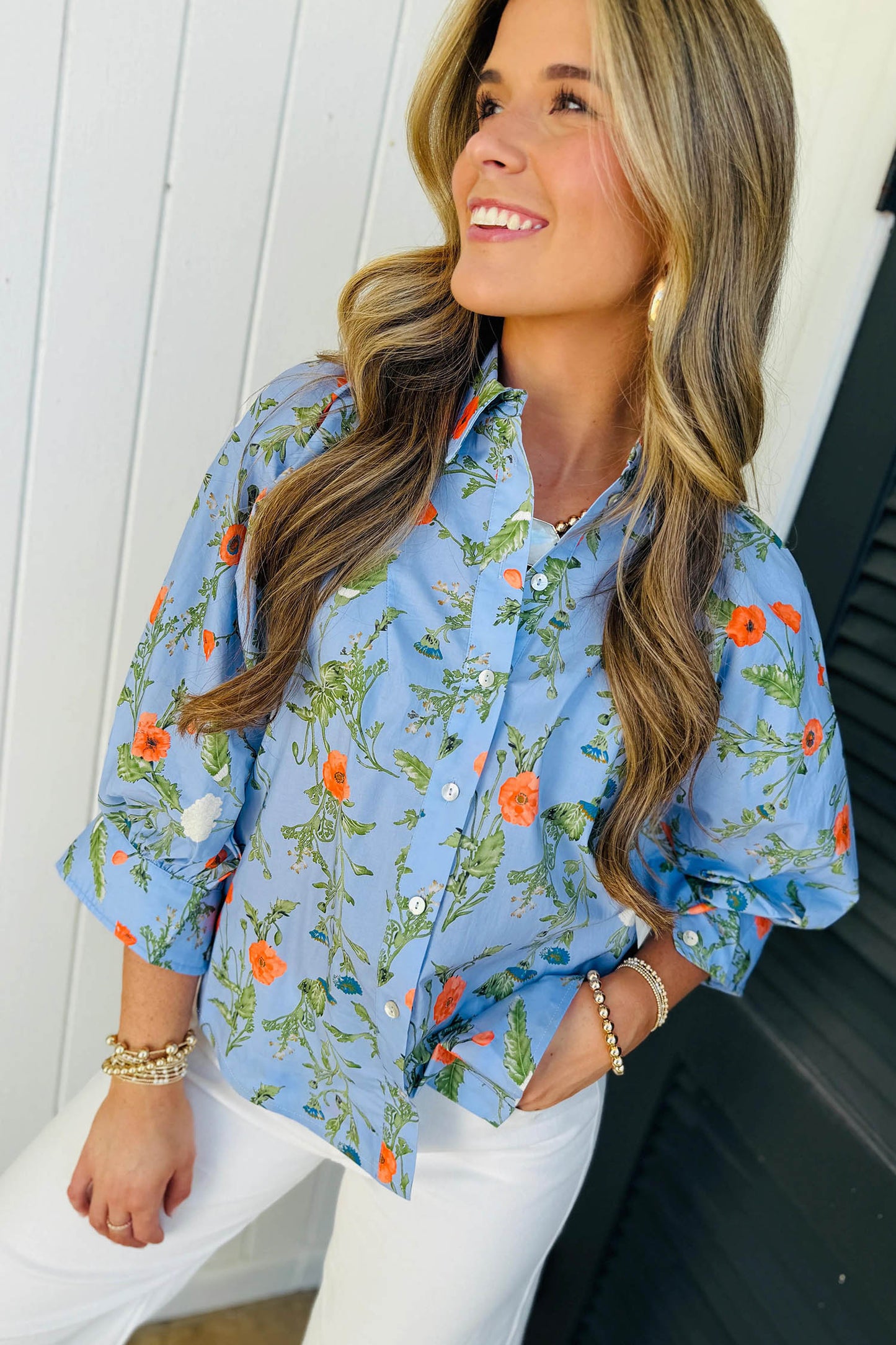 Floral 3/4 Sleeve Button Down Collared Blouse