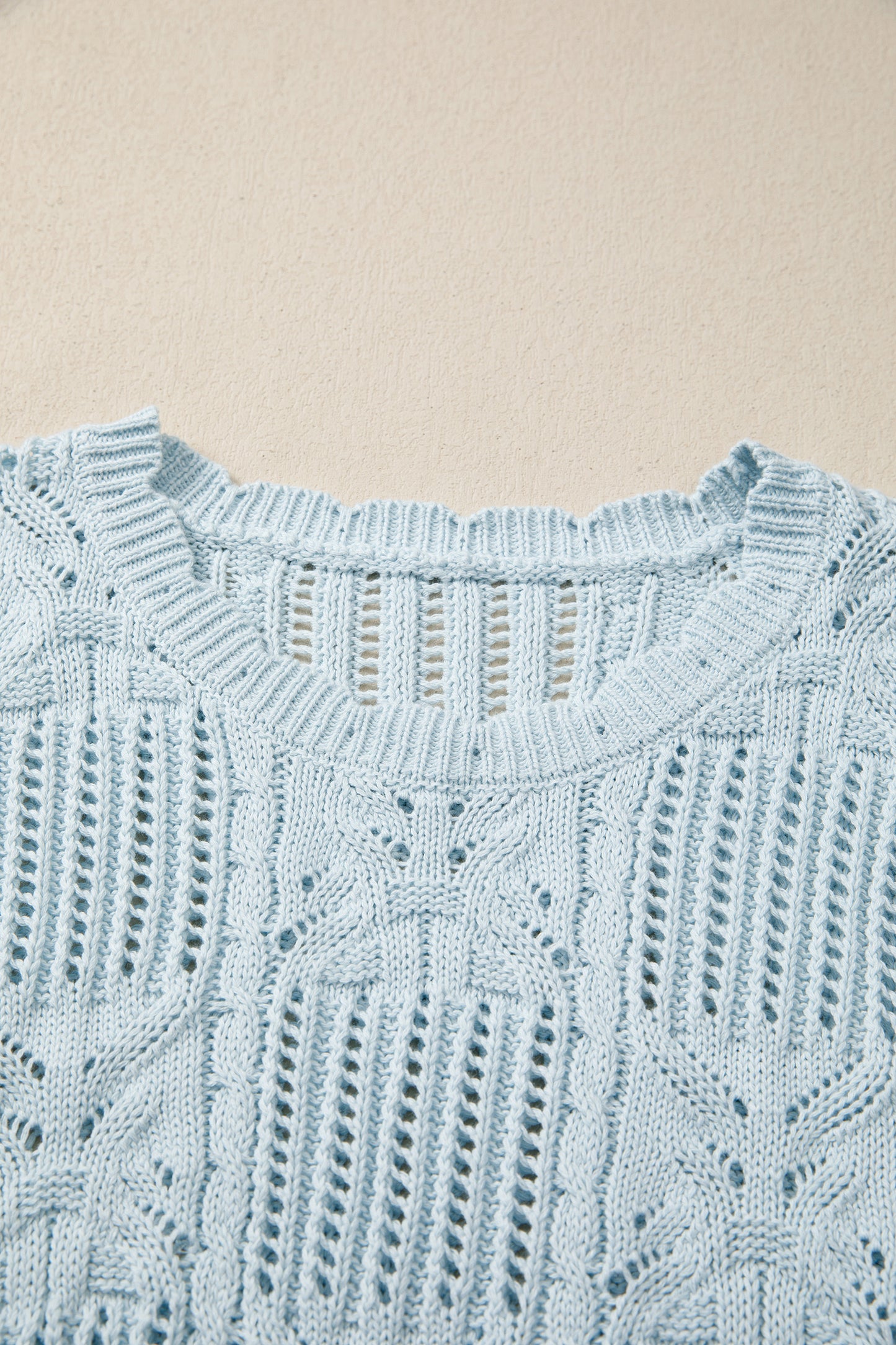 Pointelle Knit Scallop Trim Short Sleeve Sweater