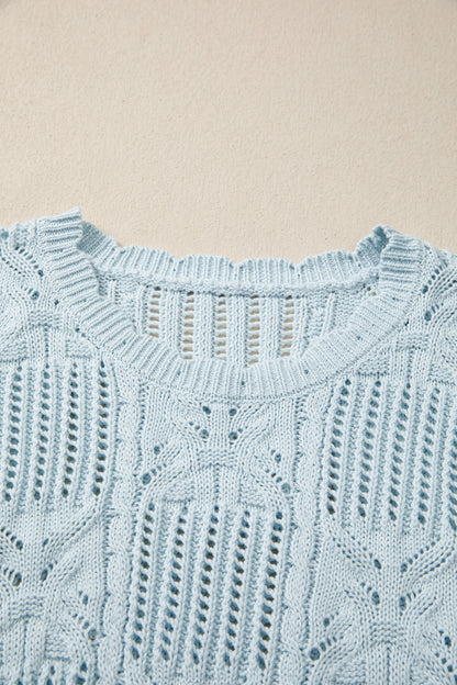 Pointelle Knit Scallop Trim Short Sleeve Sweater