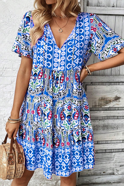 Boho Ruffle Split V-Neck Dress