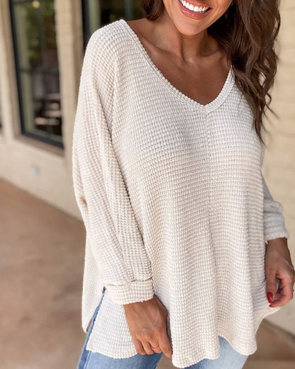 Waffle Side Slit V-Neck Top