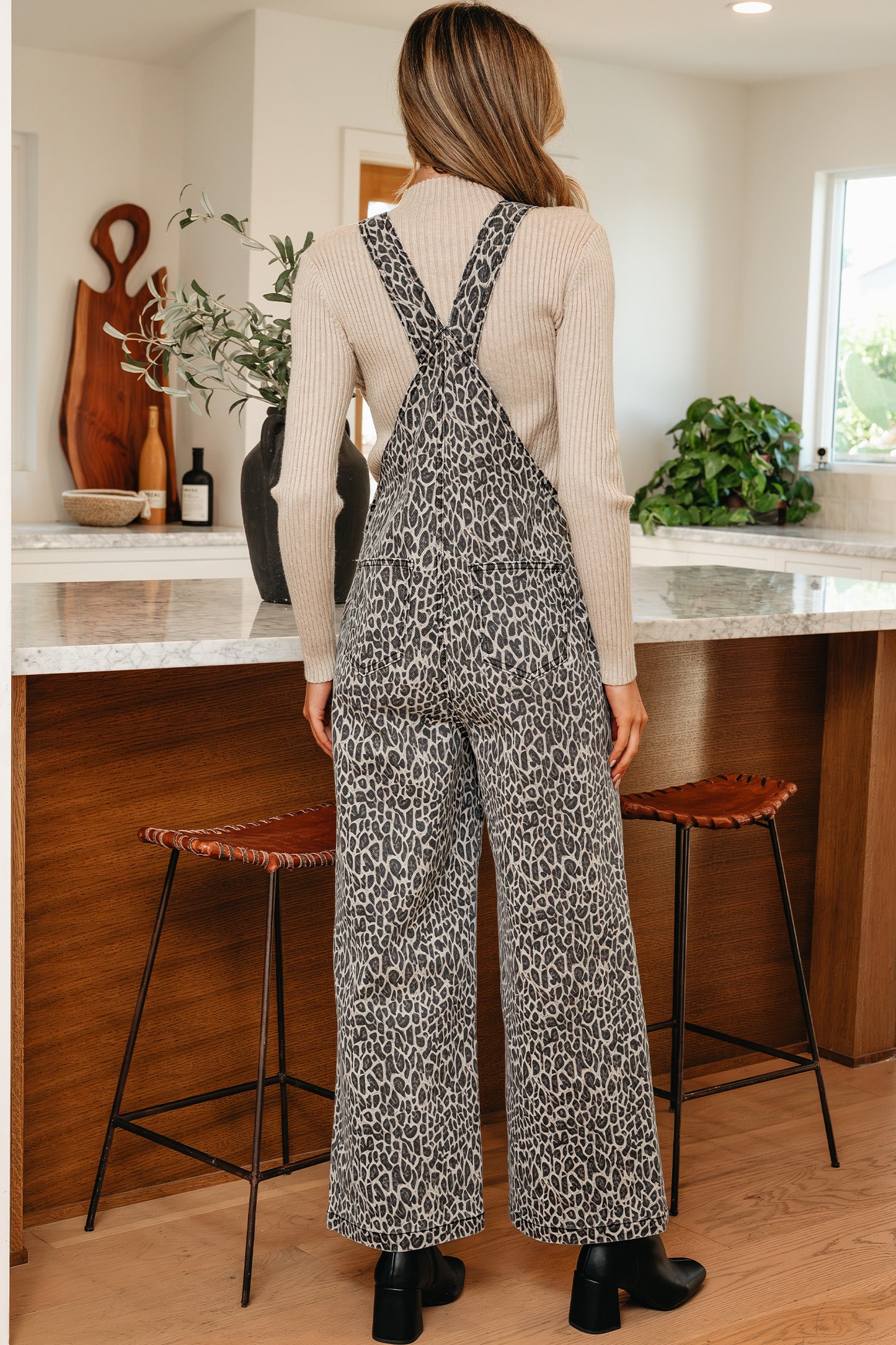 Leopard Denim Straight Leg Overall Jumpsuit