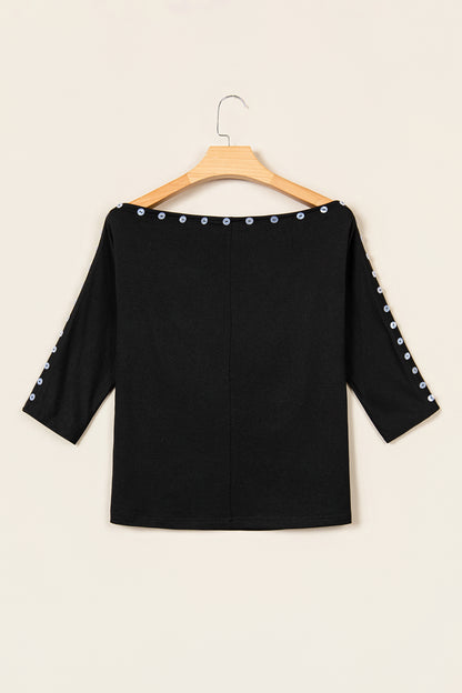 Solid Buttoned Off Shoulder 3/4 Sleeve Top