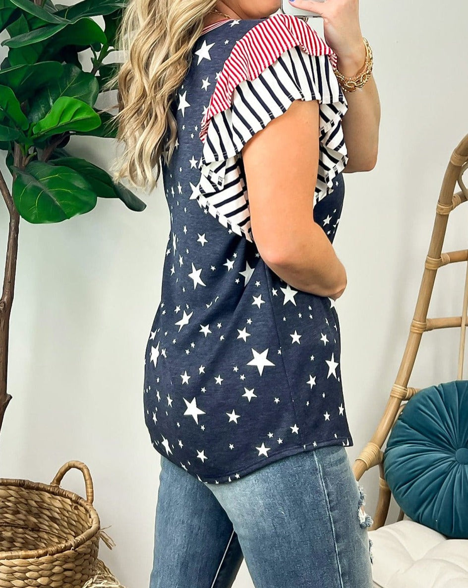 Stripe and Stars Ruffle Sleeve T-Shirt