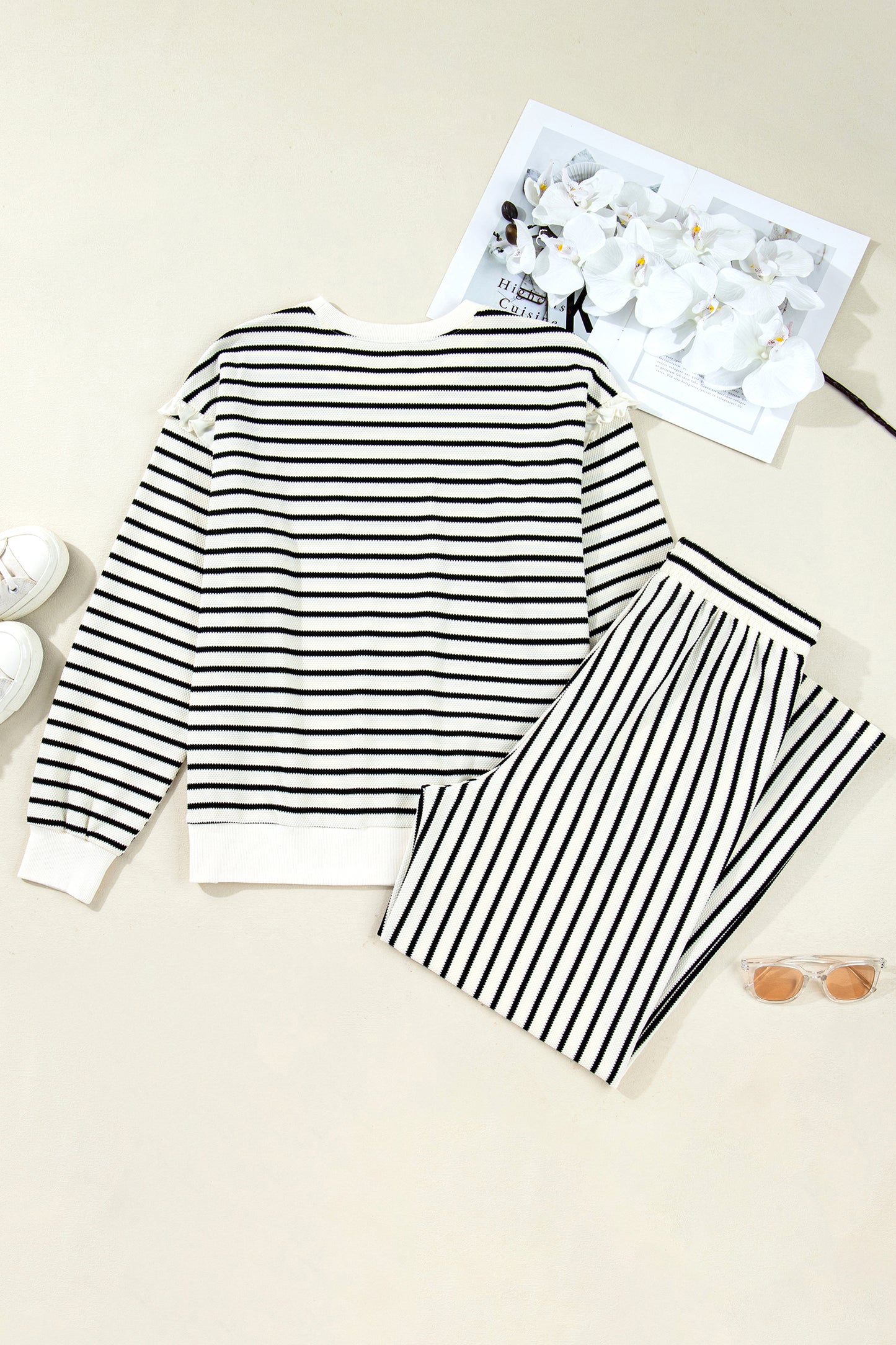 Stripe Ruffle Drop Shoulder Top and Pants Set