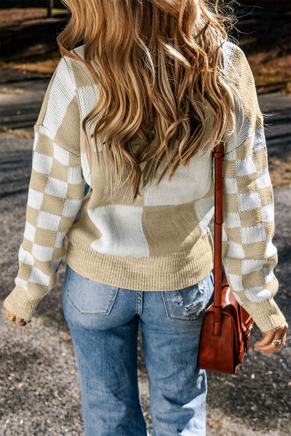 Checker Patchwork Ribbed Trim Sweater