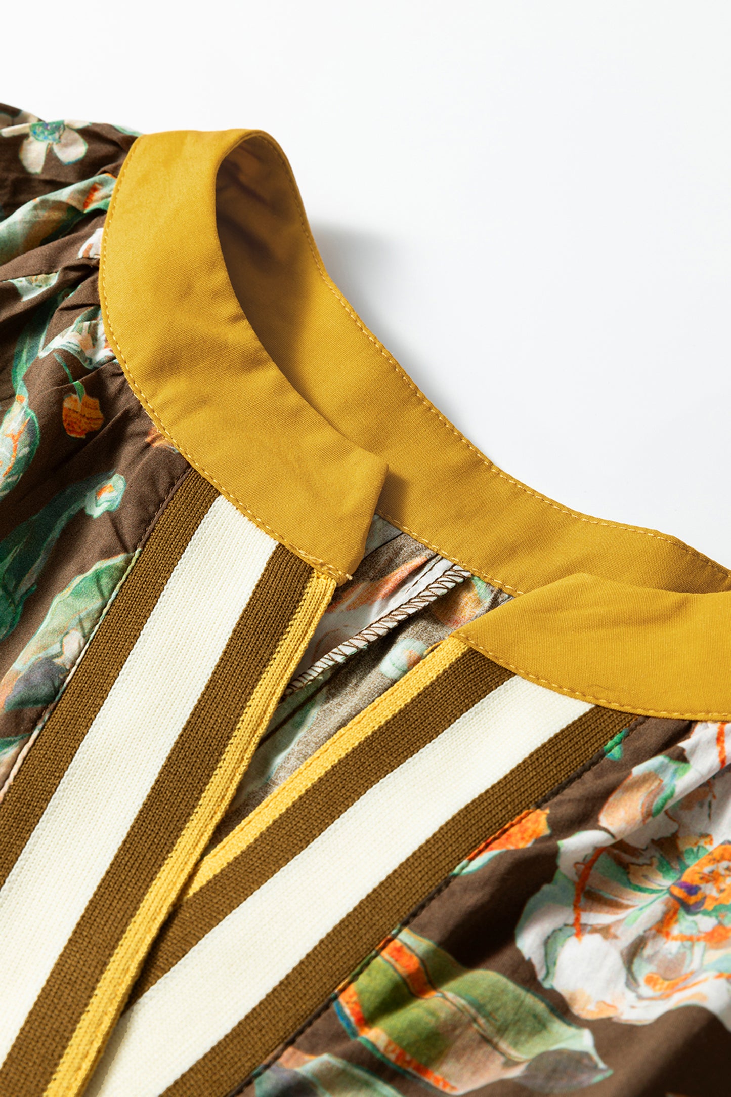 Floral Contrast Trim V-Neck Long Sleeve Pocketed Dress