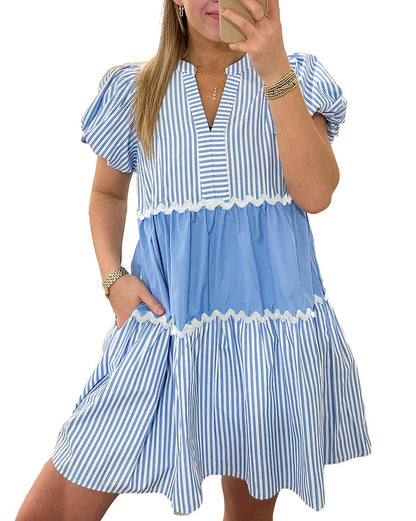 Stripe Ric-Rac Bubble Sleeve Dress