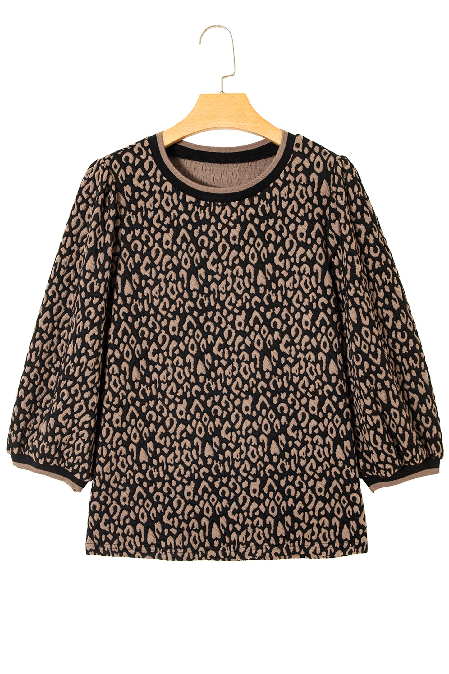 Leopard Contrast Trim Puffy 3/4 Sleeve Top