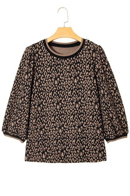 Leopard Contrast Trim Puffy 3/4 Sleeve Top