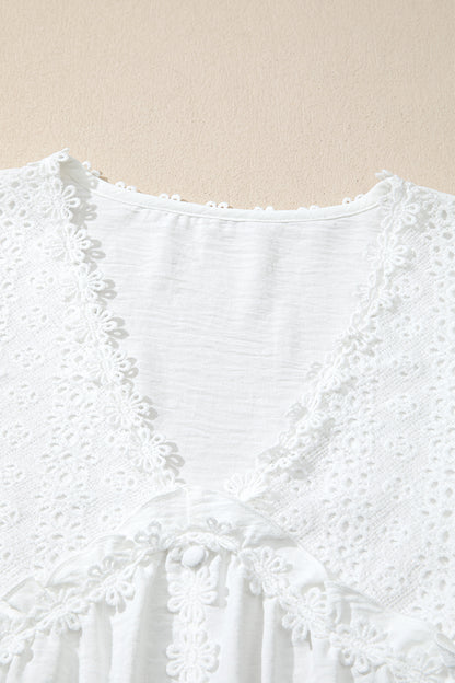 Solid Floral Guipure Lace Frilled Long Sleeve Blouse