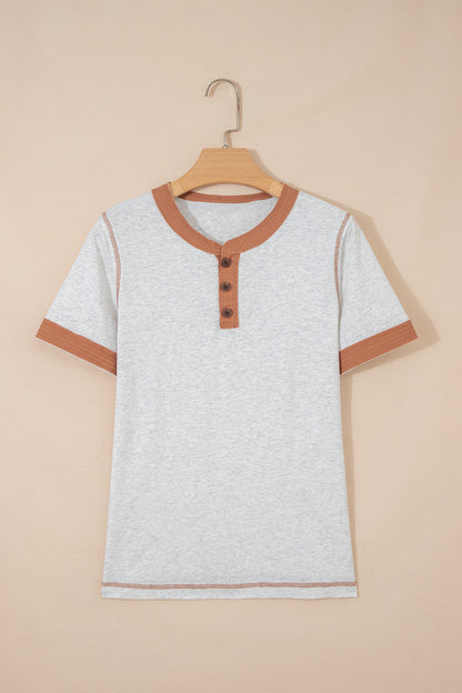 Colorblock Raw Seam Buttoned Henley Tee