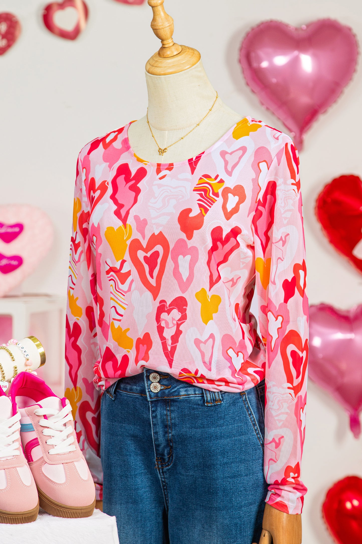 Valentine Heart Mesh Long Sleeve Top